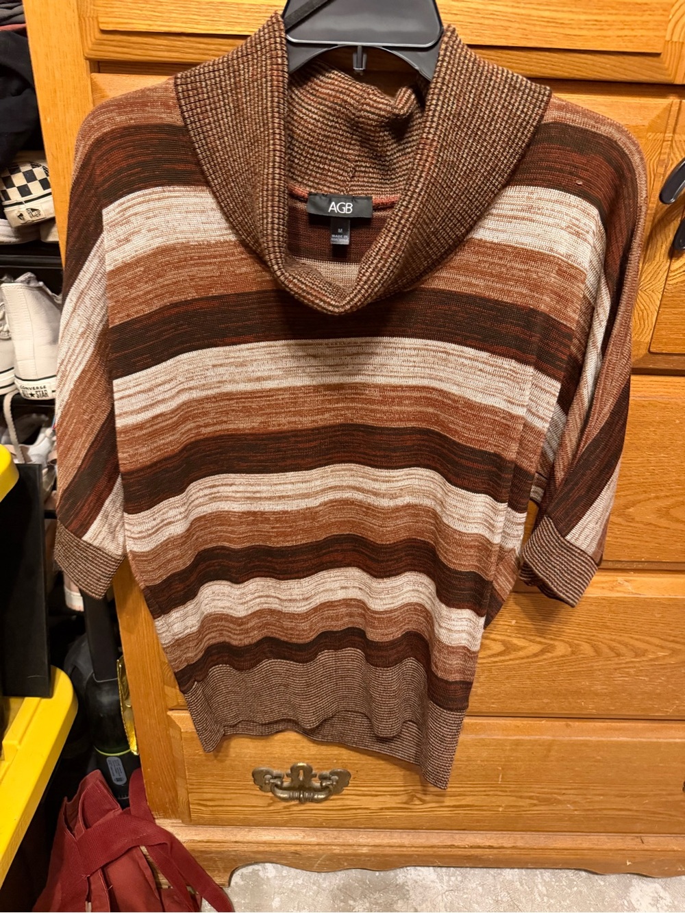 AGB Brown, Cream and Dark Brown Striped Cowl Neck Top